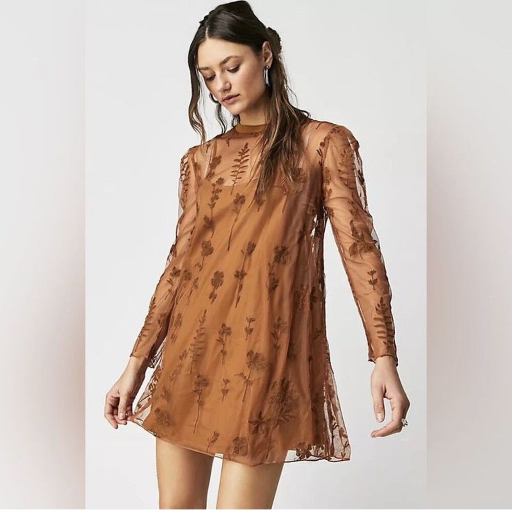 Free People Celina Brown Sheer Lace Mini Dress Womens XS Long sleeve Embroidered - Picture 2 of 13